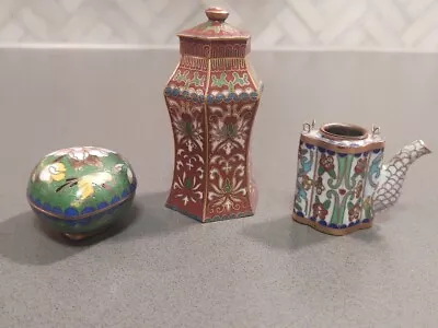 Lot Of 3 Miniature Cloisonne Trinket/Pill Boxes: Tea Pot Hexagon & Pear Shape • $24