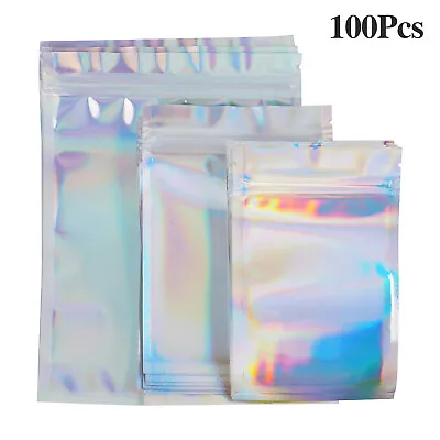 $9.99 • Buy 100pcs Holographic Mylar Foil Bag Resealable Ziplock Pouch Packaging Clear Front