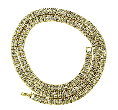 Men Women 2 Row Iced Tennis Necklace 14k Gold Plated Choker Chain Cz Hip Hop • $18.99