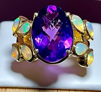 6.6ctw AAA Moroccan Amethyst Welo Opal 14k Yellow Gold 925 Silver Ring Size 7 • $90.30