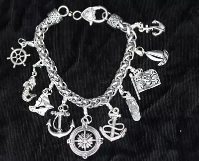 Ocean Marine Sea Charm Bracelet Silver Pewter Charms 8  Mermaid Anchor Sailboat • $15.99