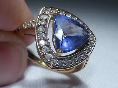 18ct Gold Tanzanite Diamond Ring 4.6g UK Hallmark Size N 1/2 Trillion Cut Boxed • £949.99