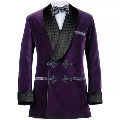 Retro Velvet Men Suit Jacket Shawl Lapel Long Blazer Double Breasted Dinner Coat • $79.99