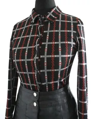 Vintage 1980s Top Slim Fit 70s Style Chain Link Black Red Retro Shirt XXS 4 • £3.99