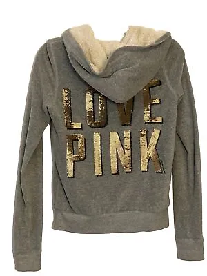 Victoria's Secret PINK Faux Fur Sherpa Lined Hoodie Velour Full Zip Hoodie Sz S • $38.95