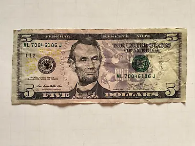 2013 FIVE Dollars Note $5 Dollar Real Paper Money US United State ML 70046186 J • $9.99