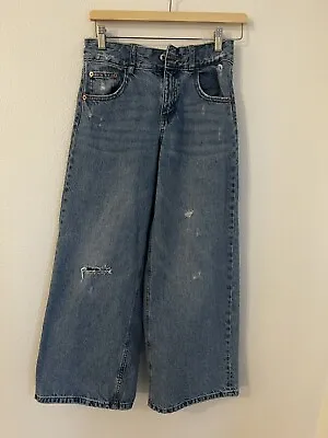 ZARA Girls SZ 13-14 Wide Leg Jeans Distressed Adjustable Waist Hi-Rise Blue • $20