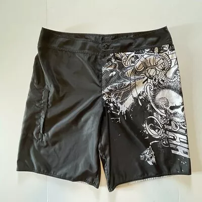 Hawk Mens Black Board Shorts White Graphic Skull Logo 1 Pkt Neoprene Close Sz 36 • $29.99