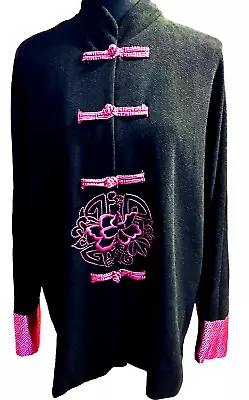 Asian Oriental Black Crepe Jacket Fuschia Embroidered Flower Frogs Cuffs Xl • $35