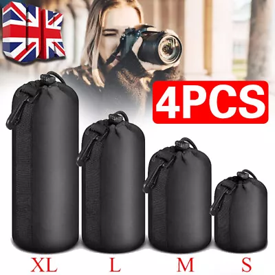 4x Camera Lens Pouch Bag Soft Neoprene Drawstring Protector Case Set Waterproof • £8.29