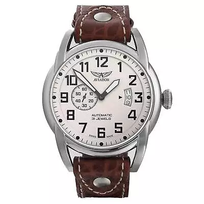 Aviator Brown Leather Ivory Dial Swiss Made Men's Automatic Watch - V31801614 • $2079