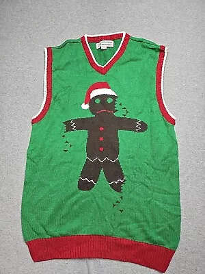 Ugly Christmas Sweater Vest Adult Large Green With Red White Gingerbread Man • $19.96
