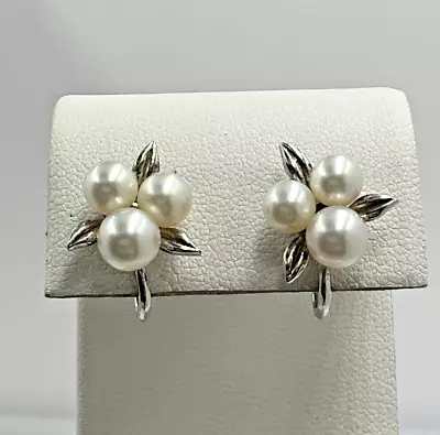 Vintage Mikimoto Japan Floral Pearl Cluster Screwback Silver Earrings  • $89.97