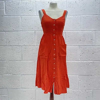 New Look Orange Woven Midi Dress Button Front Sleeveless Gather Waist Y2k Uk 10 • £13.49