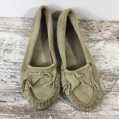 Minnetonka Beige Suede Moccasins Rubber Sole Women Sz 10 • $10