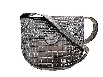 *Rare* Yves Saint Laurent Shoulder Bag Croc Embossed Enamel Black Purse  Auth • $289.99