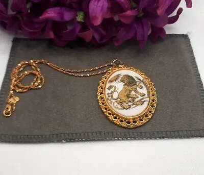 Vintage Applique Golden Detailed Lion Oval Sugared Pendant Goldtone Chain • $32