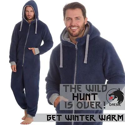 Mens Fluffy Sherpa Fleece Snuggle All In One Pyjamas 1Onesie Hooded Navy Zipped • $31.57