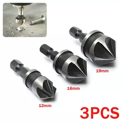 3Pcs 5 Flute Countersink Drill Bit Set 1/4  Hex Shank 90° End Chamfer Wood Tool • £4.51