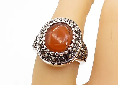 925 Sterling Silver - Vintage Citrine & Marcasite Cocktail Ring Sz 6 - RG5408 • $42.93