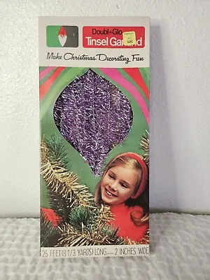 Vintage Doubl Glo Tinsel Garland 25 Feet (8 1/3 Yards) 2 Inch Wide Purple/Silver • $9.99