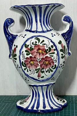 Vintage Hand Painted Vase Ceramic Pottery Blue Floral 11” Inches Tall • £19
