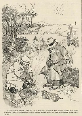 VINTAGE 1933 British Cartoon - HITLER BANS NUDISM SUMER CAMPS [Dachshund Dog] • $8.95