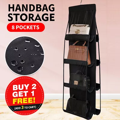 8 Pocket Double-sided Bag Handbag Storage Holder Hanging Wardrobe Storage Black • $9.90