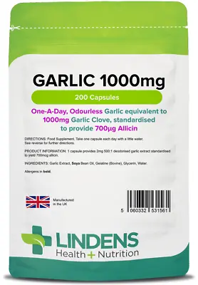 Garlic Extract Odourless 1000mg X 200 Capsules; Super Value Pack; Lindens  • £6.09