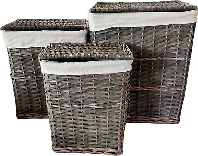 3pc Willow Wicker Basket With Lining & Lid Small/Medium/Large Laundry Hamper Set • £22.99