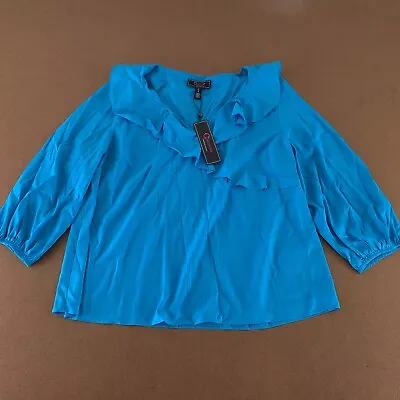 C Wonder By Christian Siriano Women's Size Large Blue Ruffle V-Neck Blouse NWT • $21.46