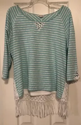 Erin London Green White Striped Top With Crochet Back With Fringe Hem SZ L • $14.99