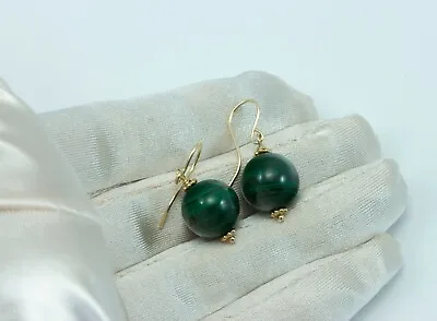 14k Gold Malachite Earrings Natural Green Round Smooth Simple Teardrops Sterling • $33