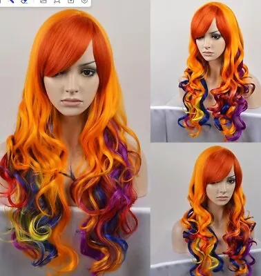 Women Long Wigs Orange Red Blue Mix Curly Hair Christmas Cosplay Wig • $11.99