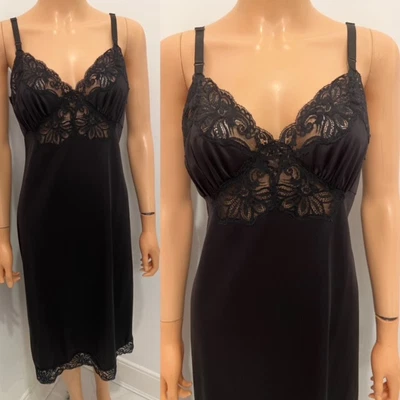 $8.50 • Buy BEAUTIFUL BLACK SILKY NYLON LINGERIE FULL SLIP DRESS By SHADOWLINE Sz 36