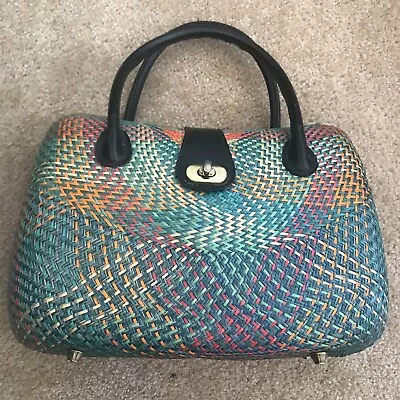 VTG 70s Basket Woven Wicker Hard Case Satchel Purse Handbag Blue Green • $25