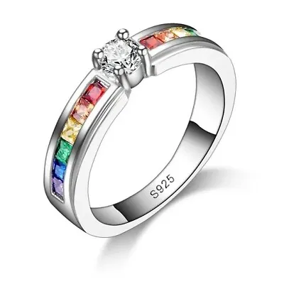 Size 6 Zirconia Tension Setting 925 Sterling Silver Ring Colorful Rainbow Pride • $23.38