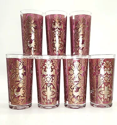 Set Of Rare Culver Glasses Red/Gold Doves Cross Filigree 12oz Mid-Century Modern • $149.95