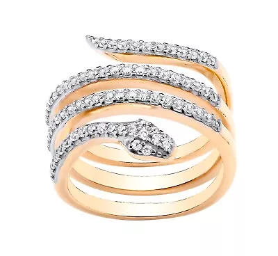 9ct Yellow Gold On Silver CZ Snake Serpent Large Cocktail Ring Size J To U • £29.95