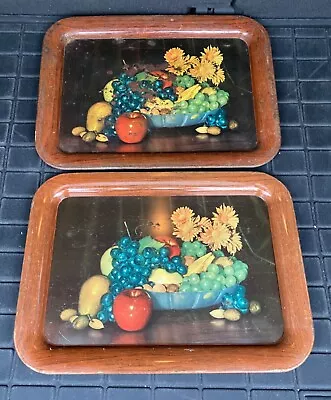 Set Of 2 Metal TV TRAYS Vintage Grapes Fruit Basket Brown Lap Serving Dining • $17.99