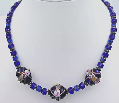 Venetian Murano Cobalt Blue Wedding Cake Glass Beaded Necklace 16” • $42.08