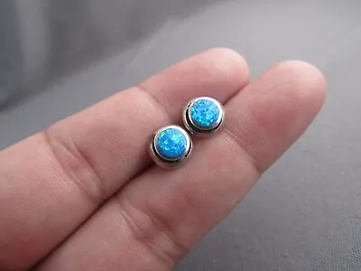 Vintage Shubes Sterling Round Blue Fire Opal Round Stud Pierced Earrings • $39.99