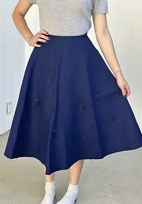 VTG Bespoke Handmade Embellished S 50s Poodle Skirt W/ Belt Bead Design Navy￼ • $34.85