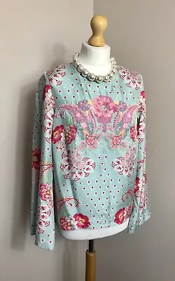 MANOUSH Blue 100% Silk Beaded Floral Long Sleeve Top Blouse Size 38 UK 10 • £19.99