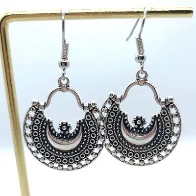 Egyptian Filagree Moon Flower Ancient Crescent Hoop Earrings Moroccan Jewelry • $23