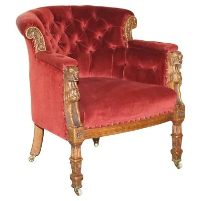 Antique Regency Circa 1810 Oak Carved Armchair With Lions Head Oxblood Velour • $4662.56