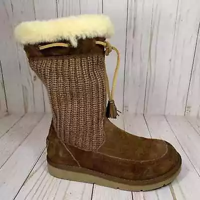 UGG Australia Suburb Crochet Sweater Boots Sheepskin 5124 Womens Size 5 Brown • $29.99