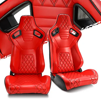 Red Diamond Leather Rear Black Carbon Fiber Left/Right Sport Racing Car Seats • $310.38