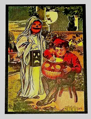 *Halloween*Postcard: Ghost Trick Or Treater Blk Cat Vintage Image~Reproduction • $4.15