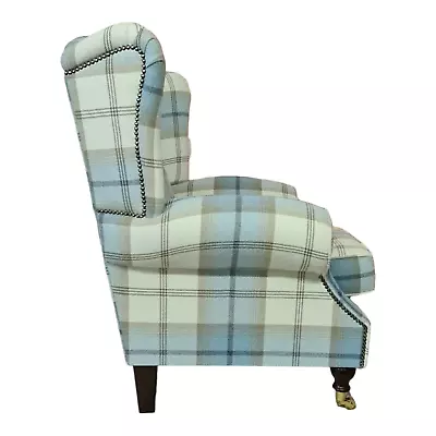 Wing Back Queen Anne Cottage Chair  Balmoral Sky Blue Tartan  Solid Wood Legs • £479